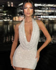 Crystal Embellished Deep-V Halter Mini Dress