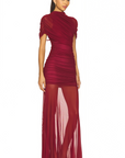 Sylphe Red Asymmetrical Ruched Mesh Maxi Dress