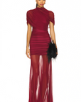 Sylphe Red Asymmetrical Ruched Mesh Maxi Dress