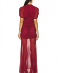 Sylphe Red Asymmetrical Ruched Mesh Maxi Dress