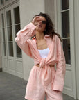 Bornladies Cotton Casual Pants Sets Women's Solid Color Cozy Lapel Long Sleeve Shirt Summer Outfit Elastic Waist Pants Suits