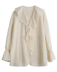 CHIC VEN Women Shirt Loose Casual Ruffled Edges Female Blouses V Neck Lace Up Mid Length Woman Shirts Spring Summer 2024