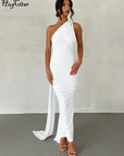 Hugcitar One Shoulder Backless Adjustable Scarf Loop Ruched Sexy Maxi Dress Women Elegant Y2K Streetwear Festival Outfit