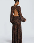 Mozision Leopard Print Long Sleeve Sexy Maxi Dress Women Fashion Hollow Out Backless Draped Ruched Bodycon Club Party Long Dress