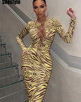 Shestyle Zebra Print Yellow Pencil Long Dresses Women V Neck Corss Hollow OUt Bandage Sexy Bodycon Party Wear Christmas Outfit