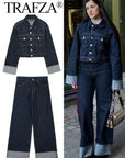 TRAFZA Women Vintage Denim Jacket Pant Sets Single Breasted Lapel Long Sleeve Coat Wide Leg Trousers Jeans High Street Outfits