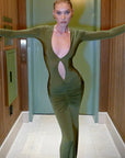 Nibber Elegante High Street Vrouwen Jurk Sexy Lage Hals Holle Volledige Mouw Lichaamsvormende Vestidos Vrouwelijke Trend Effen Avondkleding