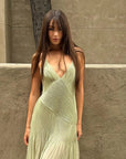 Pleated Perspective Halter Dress V-Neck Hanging Neck Sexy Backless Suspender Robes Loose Vacation Beach Women Long Dresses New