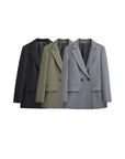 TRZA-Women's Double Breasted Office Wear Blazer Coat, Long Sleeve, Flap Pockets, Female Outerwear, Chic Tops, Fashion