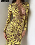 Shestyle Zebra Print Yellow Pencil Long Dresses Women V Neck Corss Hollow OUt Bandage Sexy Bodycon Party Wear Christmas Outfit