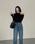 Fashion Skew Collar Off-shoulder Long-sleeved T-shirts Women Spring New Solid Slim Fit Crop Top Sexy Hollow Out Tees Shirts