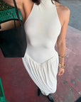 Blifanbo Pleated Elegant O Neck Maxi Dress For Women Off-shoulder Fashion Slim Fit Sleeveless Patchwork Sexy Club Party Dress
