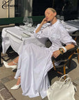 Oymimi Elegant White Lapel Women's Dress Fashion Three Quarter Sleeve Pockets Dresses Casual Button Pleated Ankle-Length Dresses