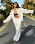 Bornladies Cotton Casual Pants Sets Women's Solid Color Cozy Lapel Long Sleeve Shirt Summer Outfit Elastic Waist Pants Suits