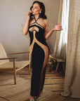 Mesh Patchwork Halter Neck Dresses for Women Sexy Lace-up Backless See-through Evening Dress Sleeveless Backless Long Party Robe