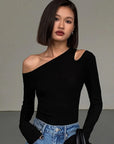 Fashion Skew Collar Off-shoulder Long-sleeved T-shirts Women Spring New Solid Slim Fit Crop Top Sexy Hollow Out Tees Shirts