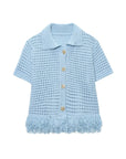 TRAFZA 2025 Spring Summer Sexy Knitted Tassel Solid Women Suit Fashion Turndown Collar Hollow Out Shirt Elastic Wasit Mini Skirt