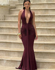 Mozision Deep V Neck Draped Ruched Sexy Maxi Dress Women Summer Fashion Halter Sleeveless Backless Club Party Long Dress Elegant