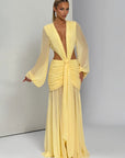Mozision Leopard Print Long Sleeve Sexy Maxi Dress Women Fashion Hollow Out Backless Draped Ruched Bodycon Club Party Long Dress