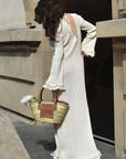 Tossy Knitwear Lace-Up Ruffled Long Dress For Women Patchwork Ribbed Loose Fashion Bandage Elegant Dress Female Knit Maxi Dress