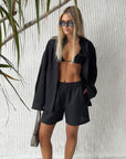 Bornladies Cotton Casual Pants Sets Women's Solid Color Cozy Lapel Long Sleeve Shirt Summer Outfit Elastic Waist Pants Suits