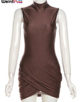 Weird Puss Cross Ruffles Mini Dress Woman Summer Sexy Solid Half High Collar Sleeveless Trend Chic Party Clubwear Skinny Bodycon