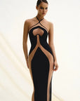 Mesh Patchwork Halter Neck Dresses for Women Sexy Lace-up Backless See-through Evening Dress Sleeveless Backless Long Party Robe