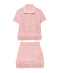 TRAFZA 2025 Spring Summer Sexy Knitted Tassel Solid Women Suit Fashion Turndown Collar Hollow Out Shirt Elastic Wasit Mini Skirt