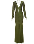 Nibber Elegante High Street Vrouwen Jurk Sexy Lage Hals Holle Volledige Mouw Lichaamsvormende Vestidos Vrouwelijke Trend Effen Avondkleding