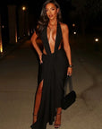 Weird Puss Elegant Halter Backless Dress Women Deep V-Neck Sleeveless Slit Irregular Party Banquet Activity Stretch Clubwear