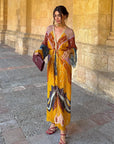 Women Contrast Printed Long Dresses V Neck Long Sleeve Waist Cinching Straight Maxi Dress Elegant Party High Street Lady Vestido