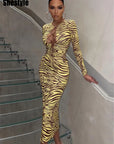 Shestyle Zebra Print Yellow Pencil Long Dresses Women V Neck Corss Hollow OUt Bandage Sexy Bodycon Party Wear Christmas Outfit