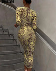 Shestyle Zebra Print Yellow Pencil Long Dresses Women V Neck Corss Hollow OUt Bandage Sexy Bodycon Party Wear Christmas Outfit