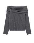 TRZA Off-the-Shoulder Knit Sweater for Women with Metal Ring Straight Neck Long Sleeve Chic Pullover Top Fashionable Female Wear