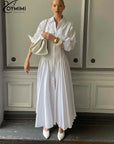 Oymimi Elegant White Lapel Women's Dress Fashion Three Quarter Sleeve Pockets Dresses Casual Button Pleated Ankle-Length Dresses