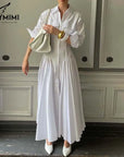 Oymimi Elegant White Lapel Women's Dress Fashion Three Quarter Sleeve Pockets Dresses Casual Button Pleated Ankle-Length Dresses