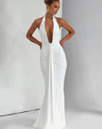 Mozision Deep V Neck Draped Ruched Sexy Maxi Dress Women Summer Fashion Halter Sleeveless Backless Club Party Long Dress Elegant