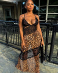 Weird Puss Mesh Patchwork Mermaid Dress Women Leopard Print Sexy Low-Neck Cleavage Backless Ruched Midnight Fashion Long Bodycon