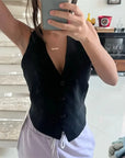 MUJER Off Schouder Mouwloos Vest Vrouwen Zwart Wit Cropped Vest Vrouw Mode Backless V-hals Korte Jassen Zomer Vest