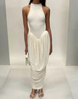 Blifanbo Pleated Elegant O Neck Maxi Dress For Women Off-shoulder Fashion Slim Fit Sleeveless Patchwork Sexy Club Party Dress