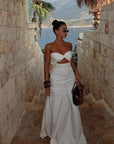 Women's Hot Girl Simple Solid Color Sleeveless Beach Skirt Holiday Strapless High Waist Women's Long Sleeveless Hollow Dress