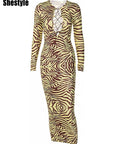 Shestyle Zebra Print Yellow Pencil Long Dresses Women V Neck Corss Hollow OUt Bandage Sexy Bodycon Party Wear Christmas Outfit