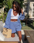 2024 Summer Women Fashion Striped Shirts Suit Casual Long Sleeve Top High Waist Shorts Sets 2 Piece Set Womens Outfits Clothes