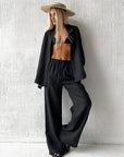 Bornladies Cotton Casual Pants Sets Women's Solid Color Cozy Lapel Long Sleeve Shirt Summer Outfit Elastic Waist Pants Suits