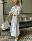 Oymimi Elegant White Lapel Women's Dress Fashion Three Quarter Sleeve Pockets Dresses Casual Button Pleated Ankle-Length Dresses