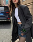 Fashion Women Suit Jacket Black Gary Spring Autumn Outer Wear New Casual Lady Office Blazer Wide Shoulder Notched Collar Female