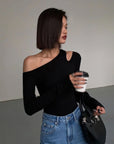 Fashion Skew Collar Off-shoulder Long-sleeved T-shirts Women Spring New Solid Slim Fit Crop Top Sexy Hollow Out Tees Shirts