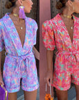 Amerikaanse zomer nieuwe mode 2025, dames bedrukt casual trendy v-hals bladerdeeg mouw elastische taille jumpsuits shorts vrouwelijke kleding