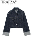 TRAFZA Women Vintage Denim Jacket Pant Sets Single Breasted Lapel Long Sleeve Coat Wide Leg Trousers Jeans High Street Outfits