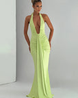 Mozision Deep V Neck Draped Ruched Sexy Maxi Dress Women Summer Fashion Halter Sleeveless Backless Club Party Long Dress Elegant